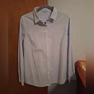 J. McLaughlin Women's Seersucker Blue and White Striped Button Down Shirt Size L